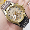Fossil Nate Chronograph Gold Dial Brown Leather Strap Watch for Men - JR1495