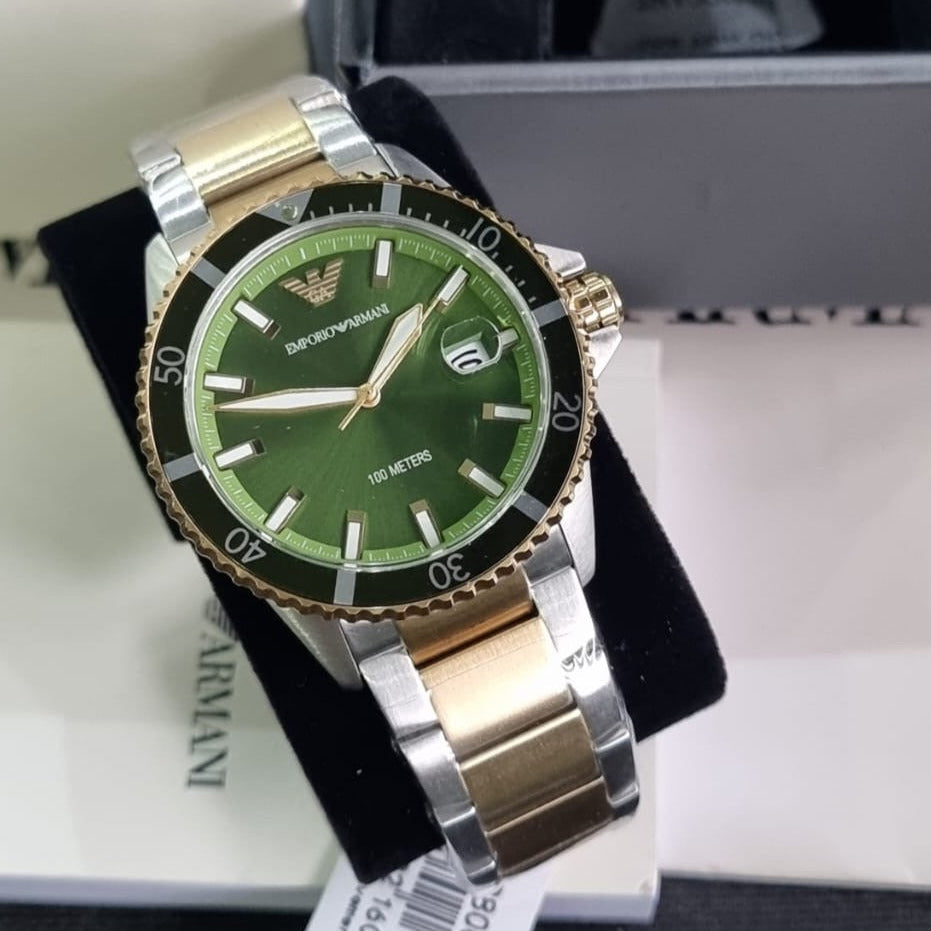 Emporio Armani Diver Chronograph Green Dial Two Tone Steel Strap Watch For Men - AR80063
