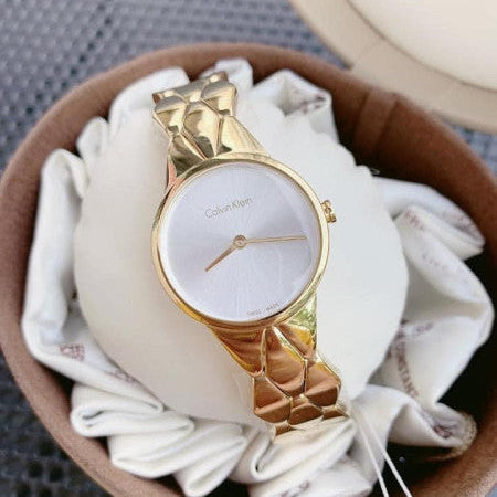 Calvin Klein Snake Silver Dial Yellow Gold Steel Strap Watch For Women - K6E23546