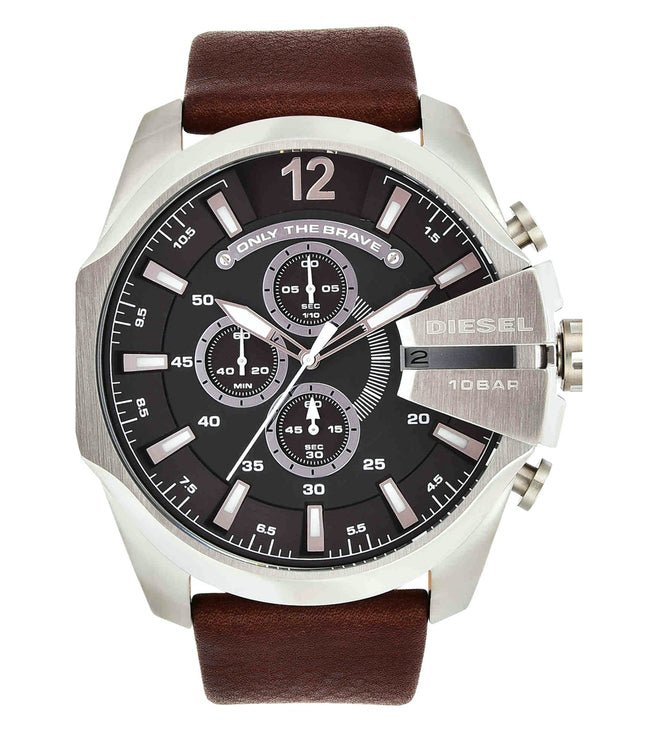 Diesel Mega Chief Chronograph Black Dial Brown Leather Strap Watch For Men - DZ4290
