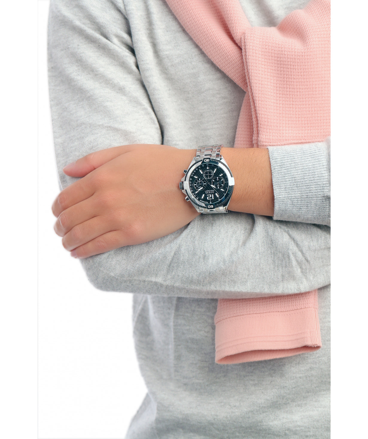 Guess Surge Chronograph Black Dial Silver Steel Strap Watch for Men - W1258G1