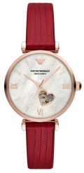 Emporio Armani Gianni T-Bar Mother of Pearl White Dial Red Leather Strap Watch For Women - AR60048