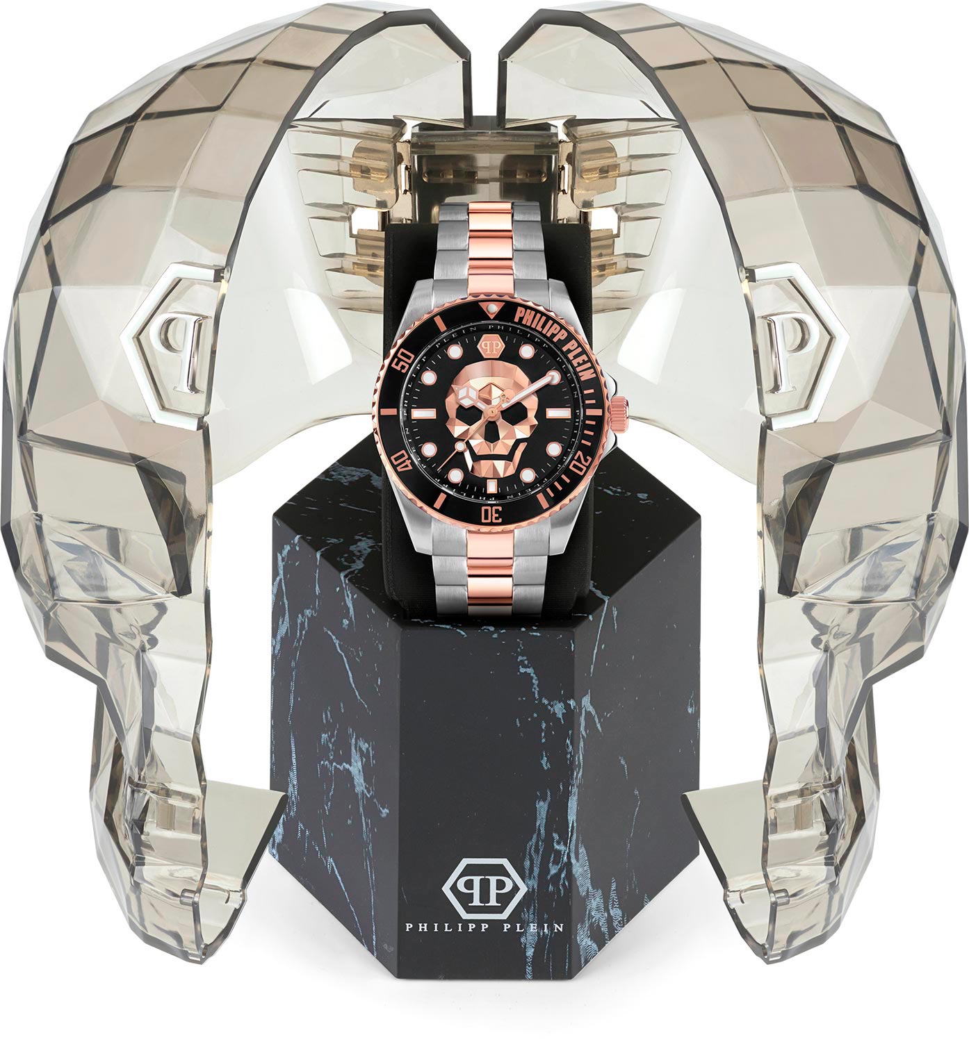 Philipp Plein The $kull Diver Black Dial Silver With Rose Gold Stainless Steel Strap Watch For Men- PWOAA0822
