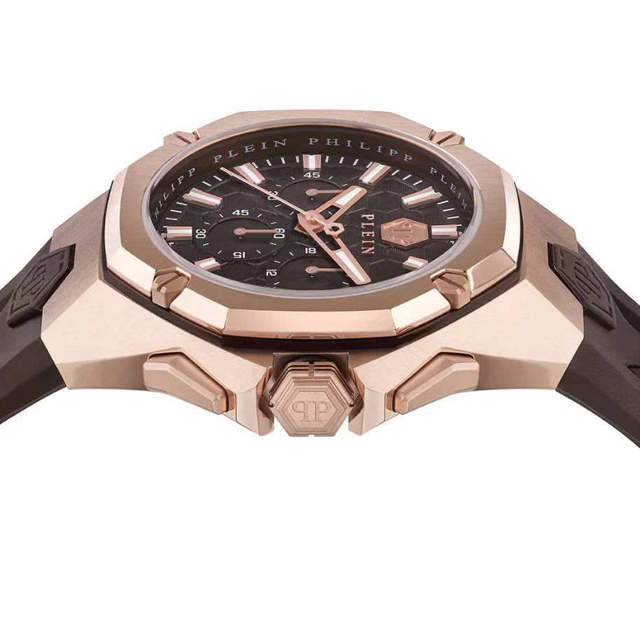 Philipp Plein Octagon Rose Gold Dial Brown Silicone Strap Watch for Men  - PWTBA0223