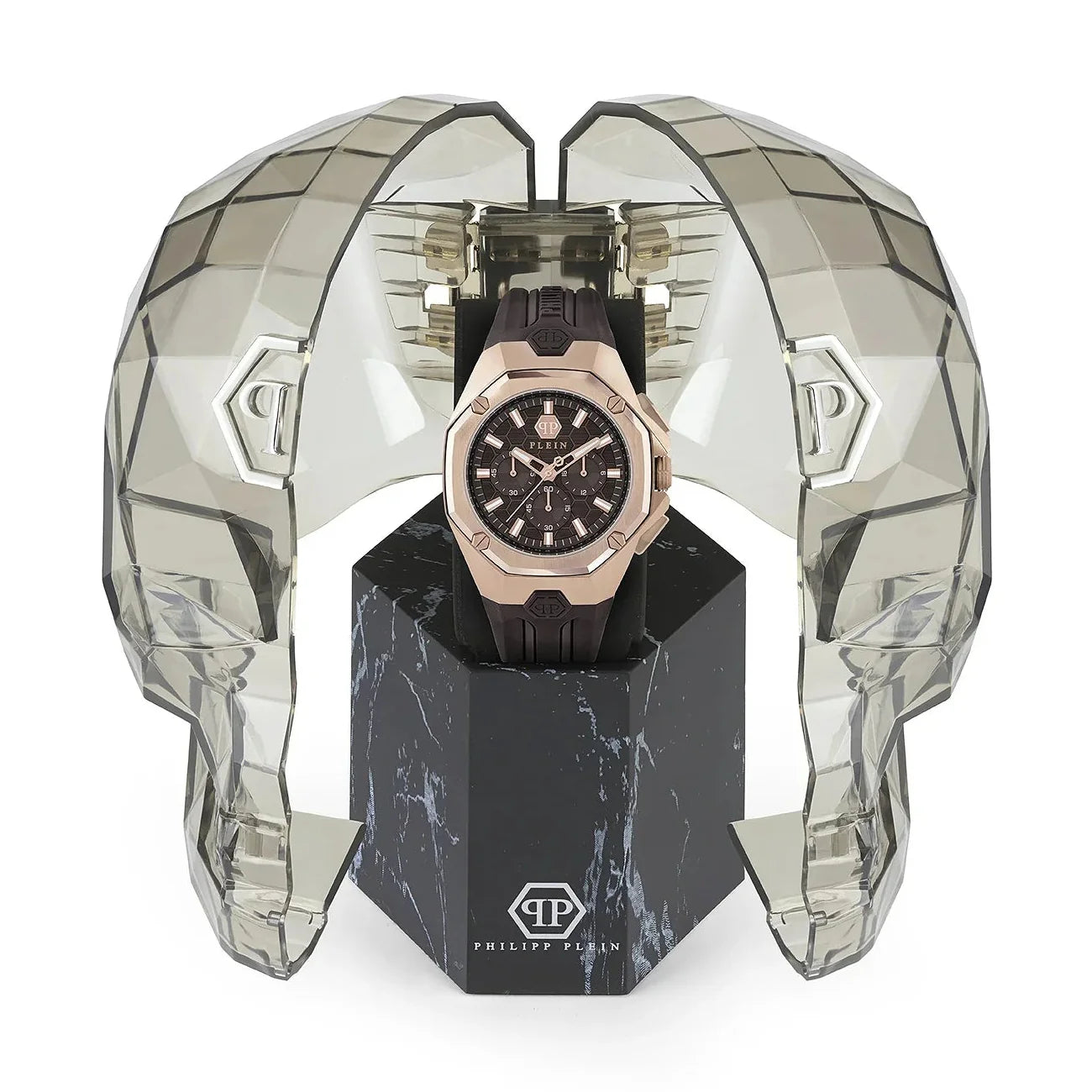 Philipp Plein Octagon Rose Gold Dial Brown Silicone Strap Watch for Men  - PWTBA0223