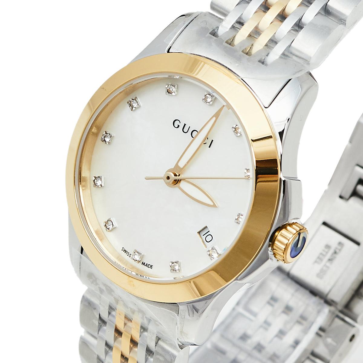 Gucci G Timeless Diamonds Mother of Pearl Dial Two Tone Steel Strap Watch For Women - YA126413