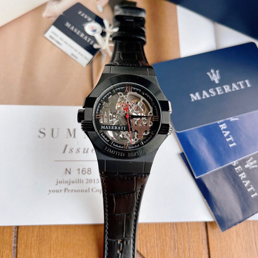 Maserati Automatic Skeleton Black Dial Black Leather Strap Watch For Men - R8821108021