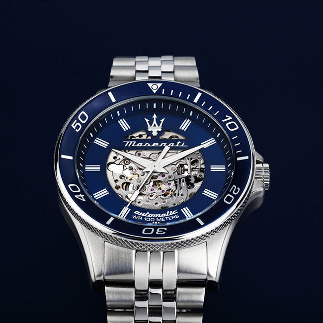 Maserati SFIDA Automatic Skeleton Blue Dial Silver Steel Strap Watch For Men - R882314001