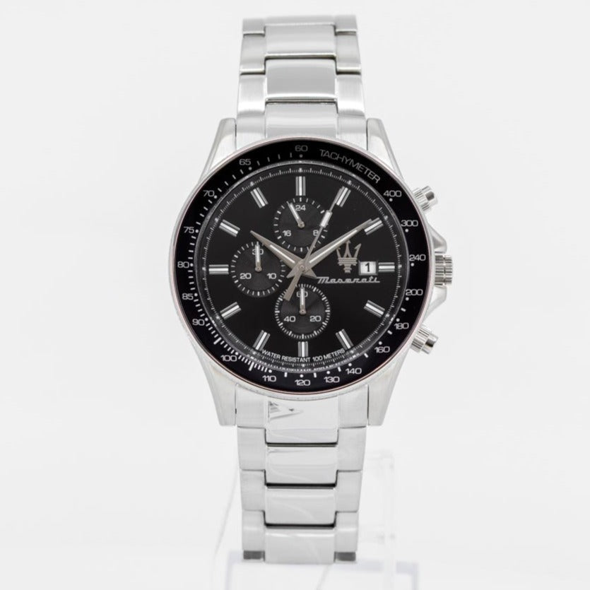 Maserati SFIDA Chronograph Black Dial Silver Steel Strap Watch For Men - R8873640015