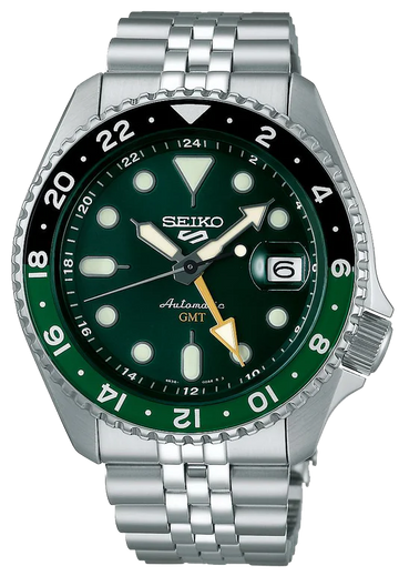 Seiko 5 Sports SKX GMT Automatic Green Dial Silver Steel Strap Watch For Men - SSK035K1