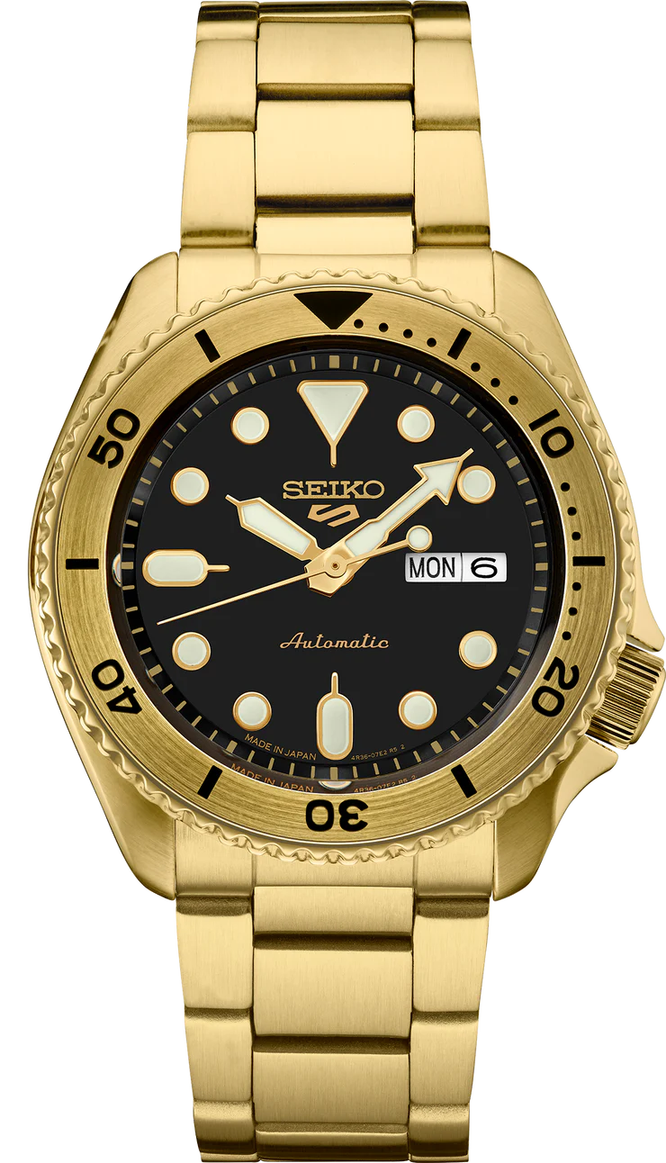 Seiko 5 Sports Automatic Black Dial Gold Steel Strap Watch For Men - SRPK18