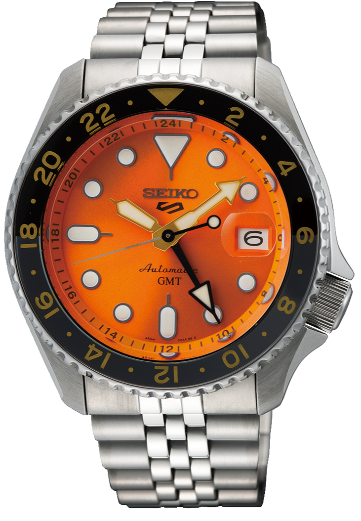 Seiko 5 Sports GMT Automatic Orange Dial Silver Steel Strap Watch For Men - SSK005K1