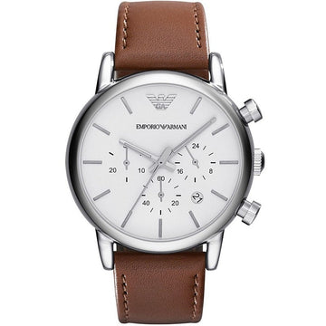 Emporio Armani Luigi Chronograph Silver Dial Brown Leather Strap Watch for Men - AR1846