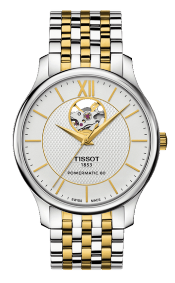 Tissot Tradition Powermatic 80 Open Heart Silver Dial Two Tone Steel Strap Watch For Men - T063.907.22.038.00