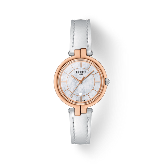 Tissot T Lady Flamingo Mother of Pearl White Dial White Leather Strap Watch For Women - T094.210.26.111.01