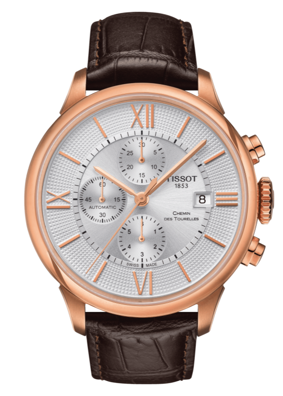 Tissot Des Tourelles Chronograph Silver Dial Brown Leather Strap Watch For Men - T099.427.36.038.00