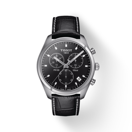 Tissot PR 100 Chronograph Black Dial Black Leather Strap Watch For Men - T101.417.16.051.00