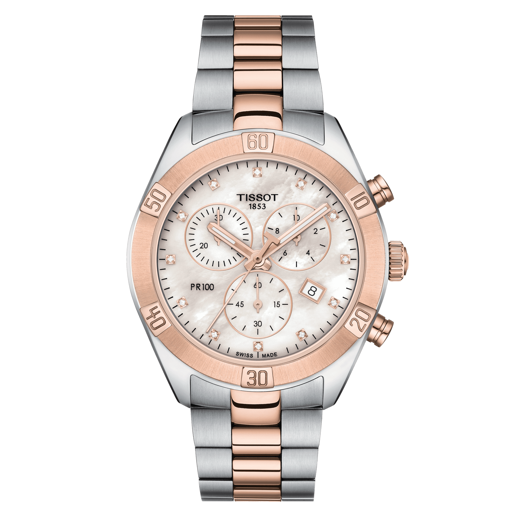 Tissot PR 100 Sport Chic Chronograph Diamonds Mother of Pearl Dial Two Tone Steel Strap Watch for Women - T101.917.22.116.00