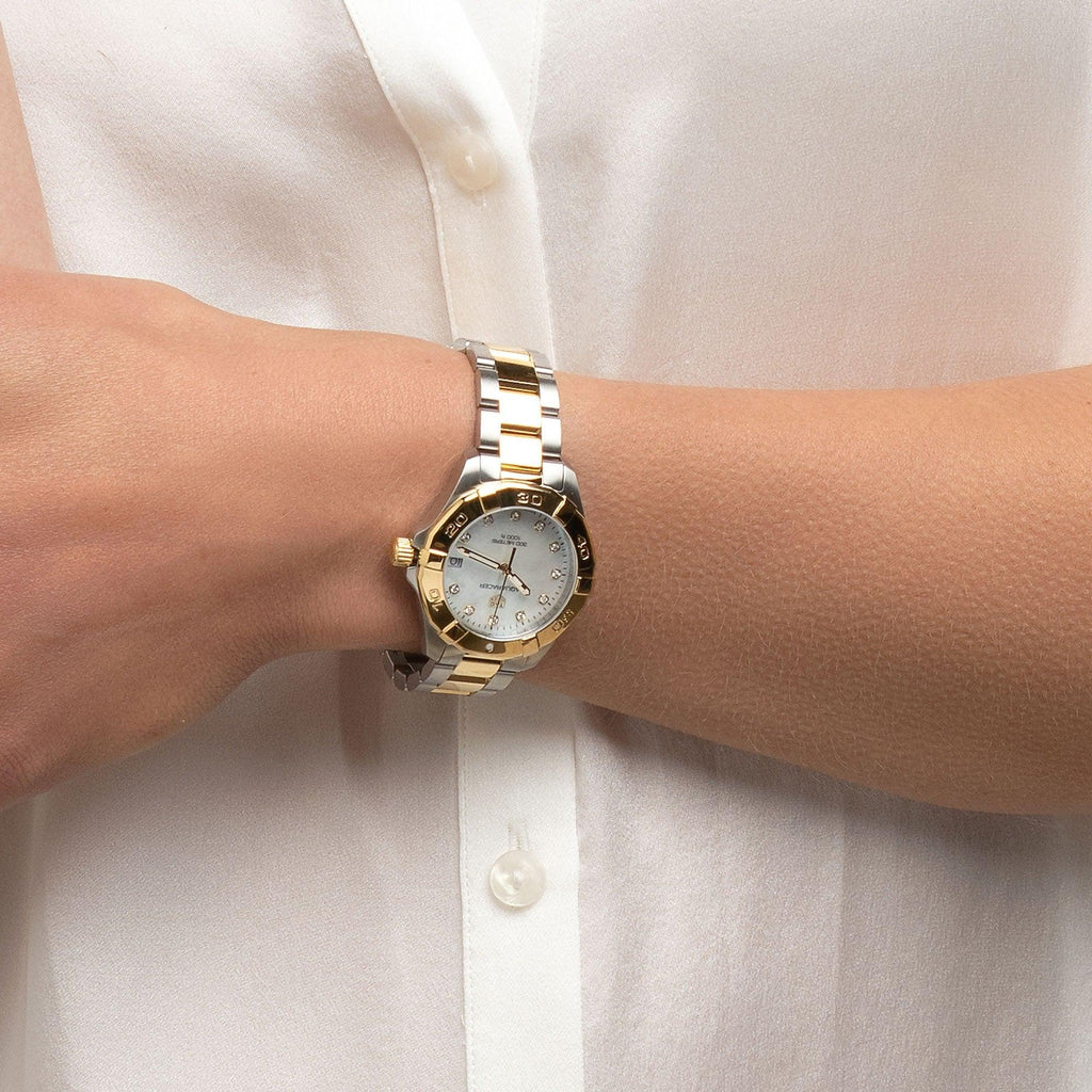 Tag Heuer Aquaracer White Mother of Pearl Dial Two Tone Steel Strap Watch for Women - WBD1322.BB0320