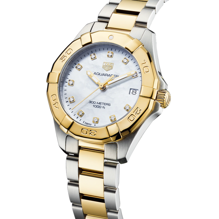 Tag Heuer Aquaracer White Mother of Pearl Dial Two Tone Steel Strap Watch for Women - WBD1322.BB0320