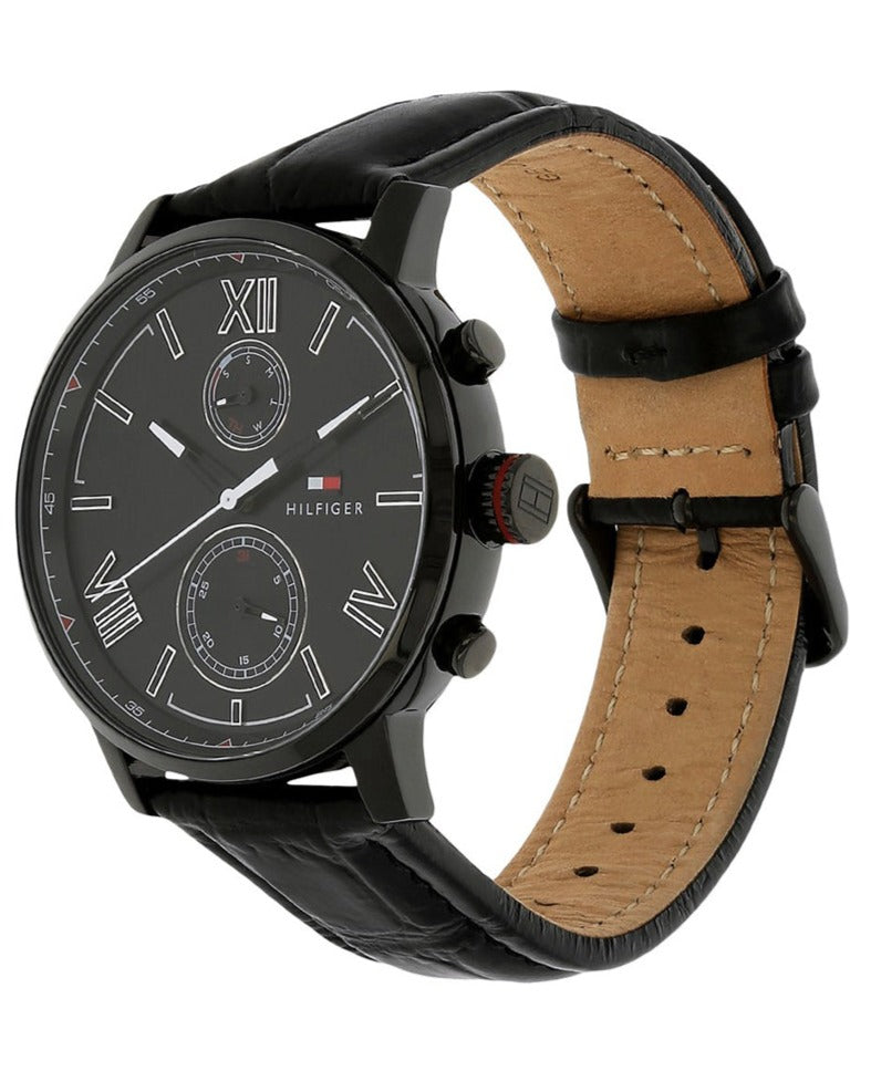 Tommy Hilfiger Aden Chronograph Black Dial Black Leather Strap Watch for Men - 1791310