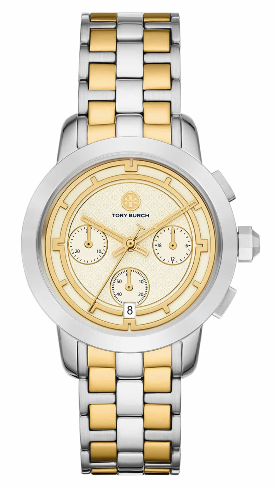 Tory Burch The Tory Chronograph White Dial Two Tone Steel Strap Watch for Women - TBW1052