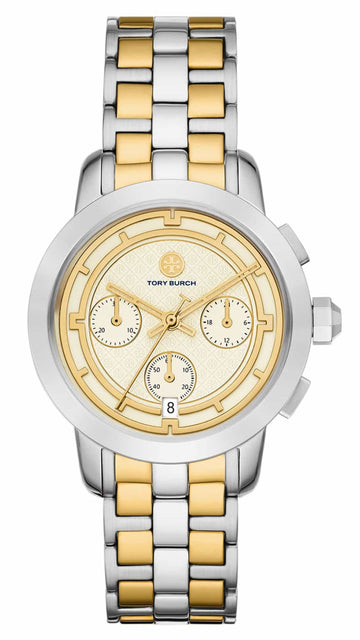 Tory Burch The Tory Chronograph White Dial Two Tone Steel Strap Watch for Women - TBW1052