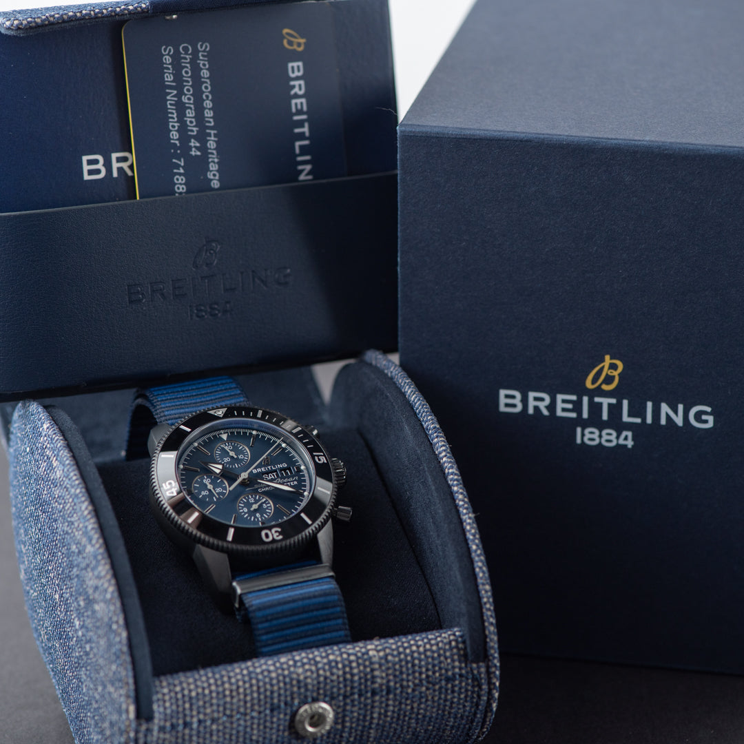 Breitling Superocean Heritage Chronograph 44 Outerknown Blue Dial Blue NATO Strap Watch for Men - M133132A1C1W1