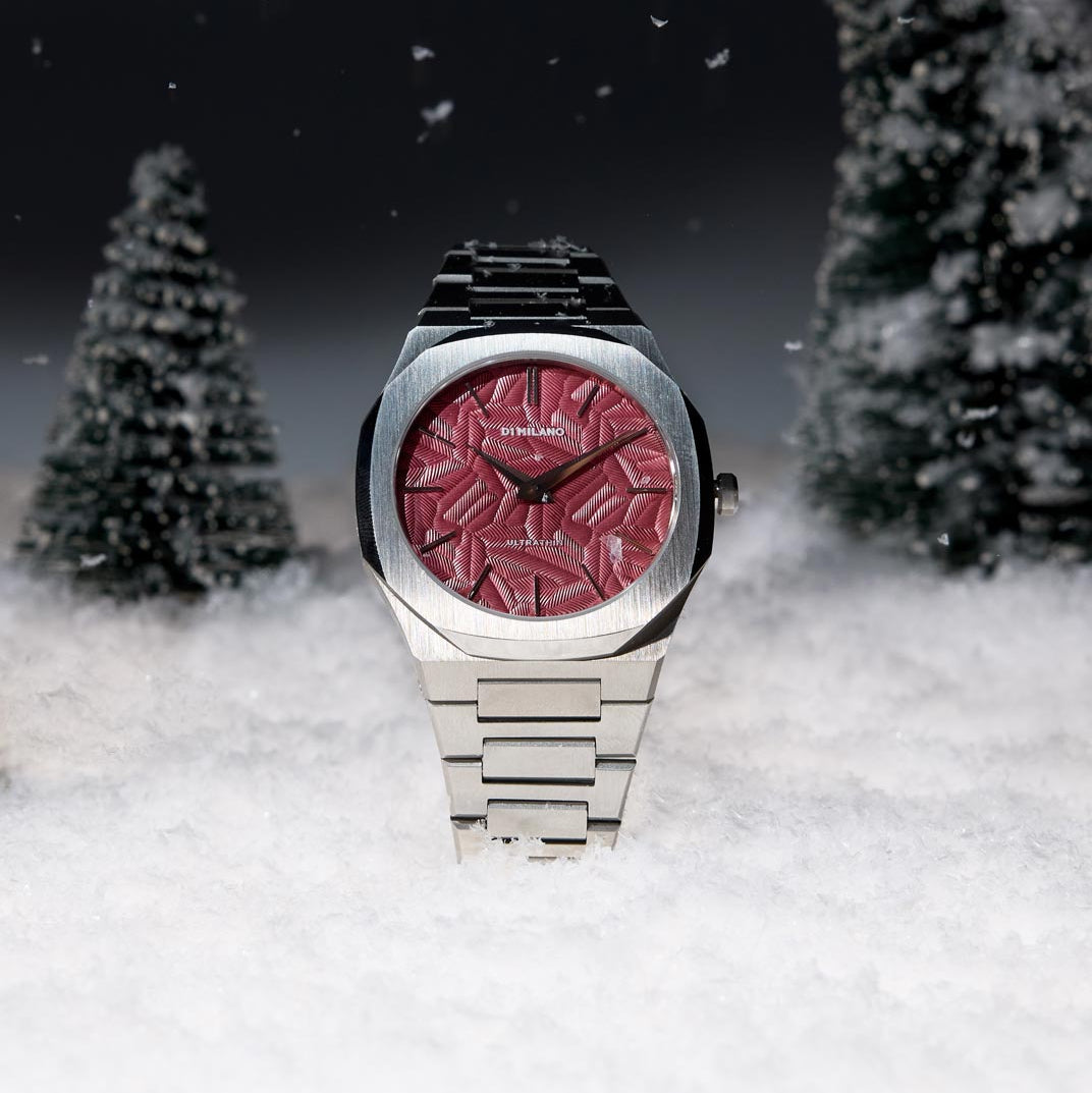 D1 Milano Ultra Thin Barn Red Dial Silver Steel Strap Watch for Men - D1-UTBJ33