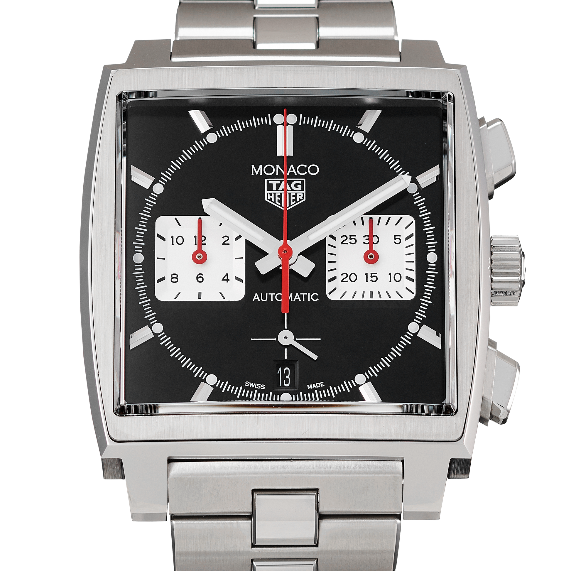 Tag Heuer Monaco Automatic Chronograph Black Dial Silver Steel Strap Watch for Men - CBL2113.BA0644