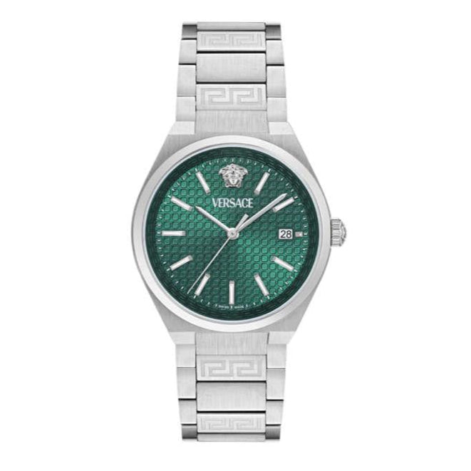 Versace V-Auria Quartz Green Dial Silver Steel Strap Watch for Men - VE0F00125