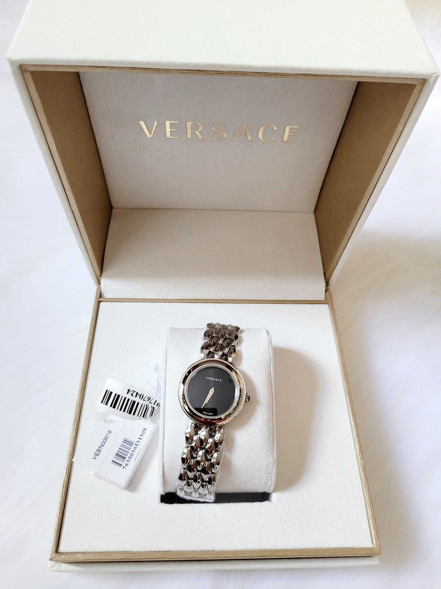 Versace V-Flare Quartz Black Dial Silver Steel Strap Watch for Women - VEBN00618