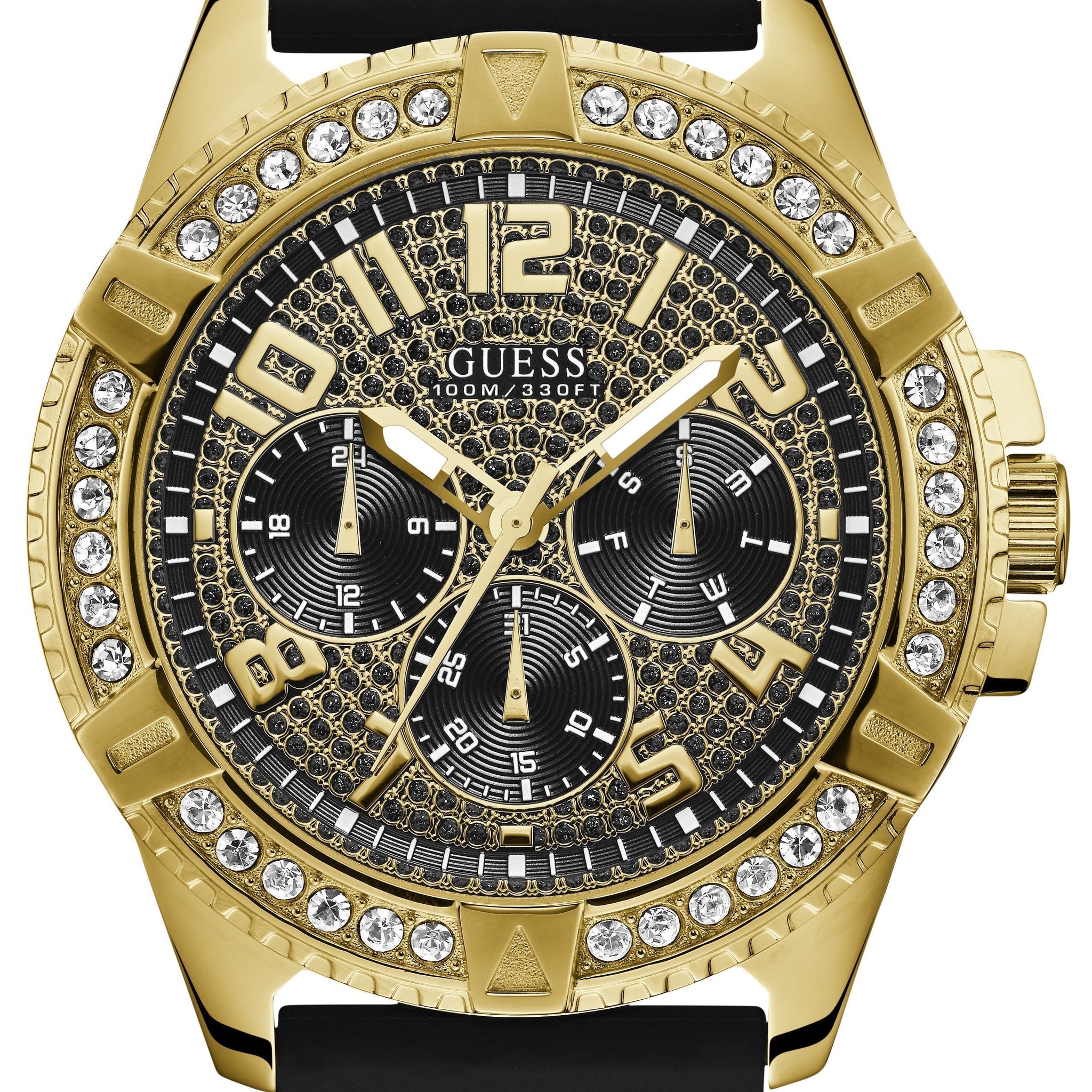 Guess Frontier Crystals Black Dial Black Silicone Strap Watch For Men - W1132G1