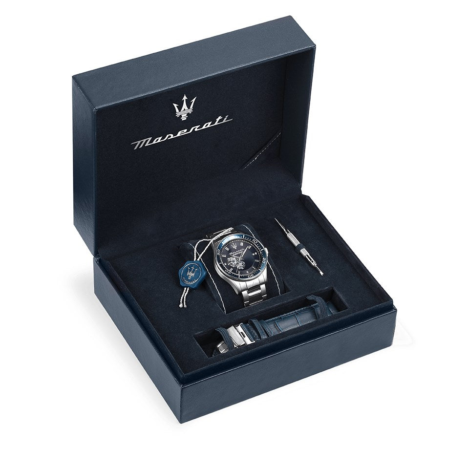 Maserati SFIDA Automatic Skeleton Blue Dial Silver Steel Strap Watch For Men - R8823140007