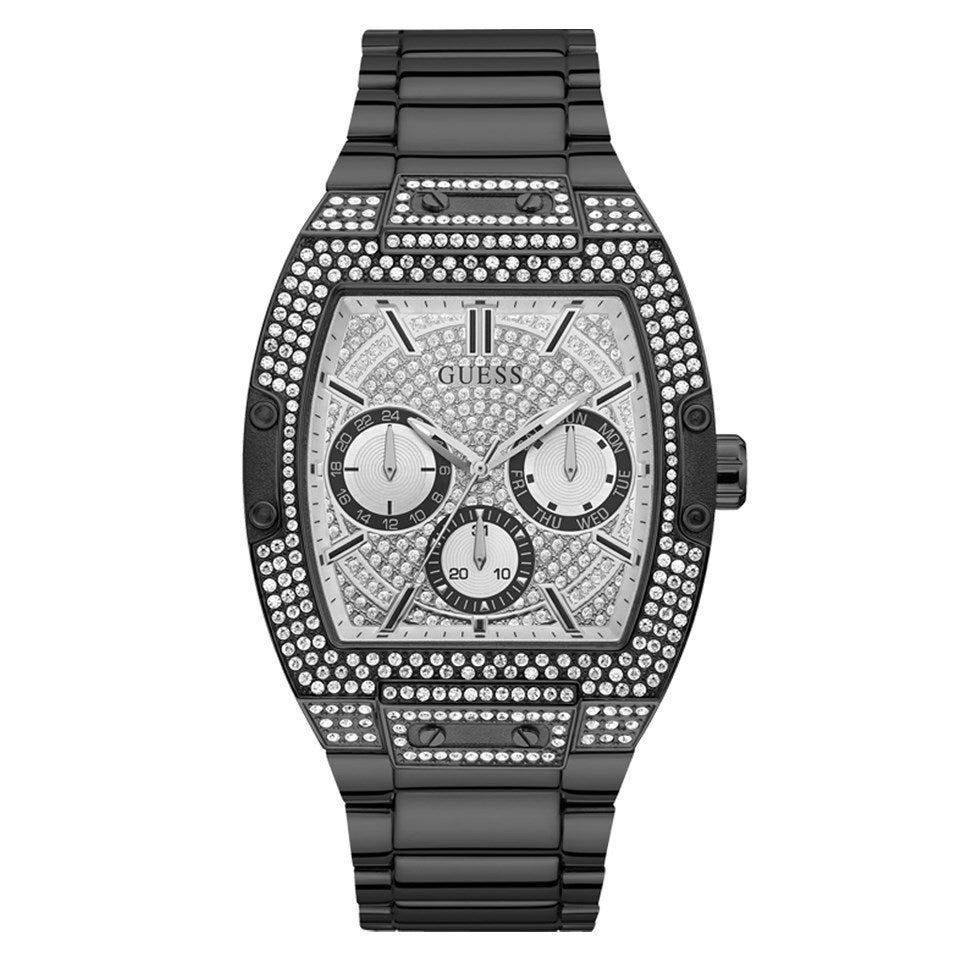 Guess Phoenix Multifunction Crystals Silver Dial Black Steel Strap Watch For Men - GW0094G3