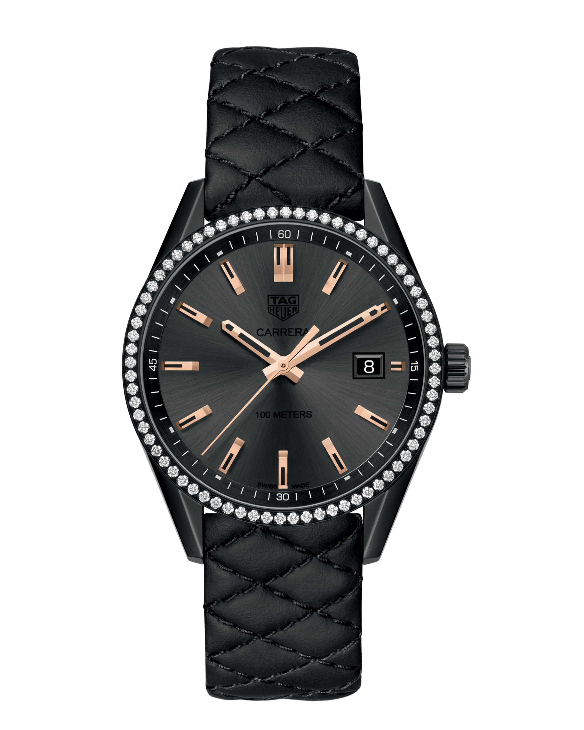 Tag Heuer Carrera Diamonds Anthracite Black Dial Black Leather Strap Watch for Women - WAR1115.FC6392