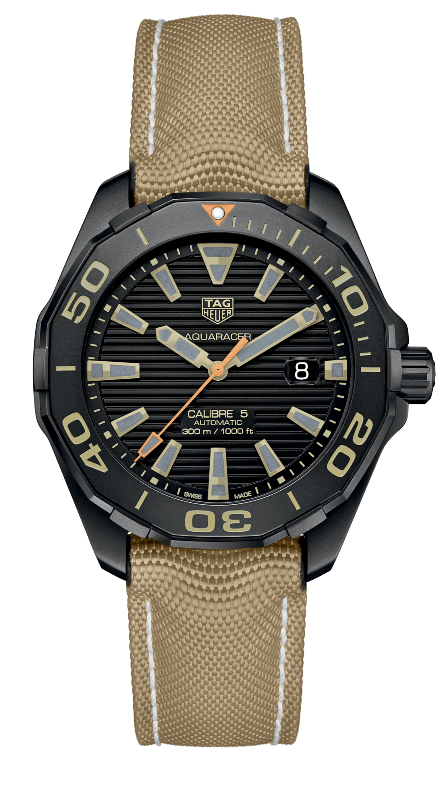 Tag Heuer Aquaracer 300 Calibre 5 Automatic Black Dial Brown Nylon Strap Watch for Men - WAY208C.FC6383