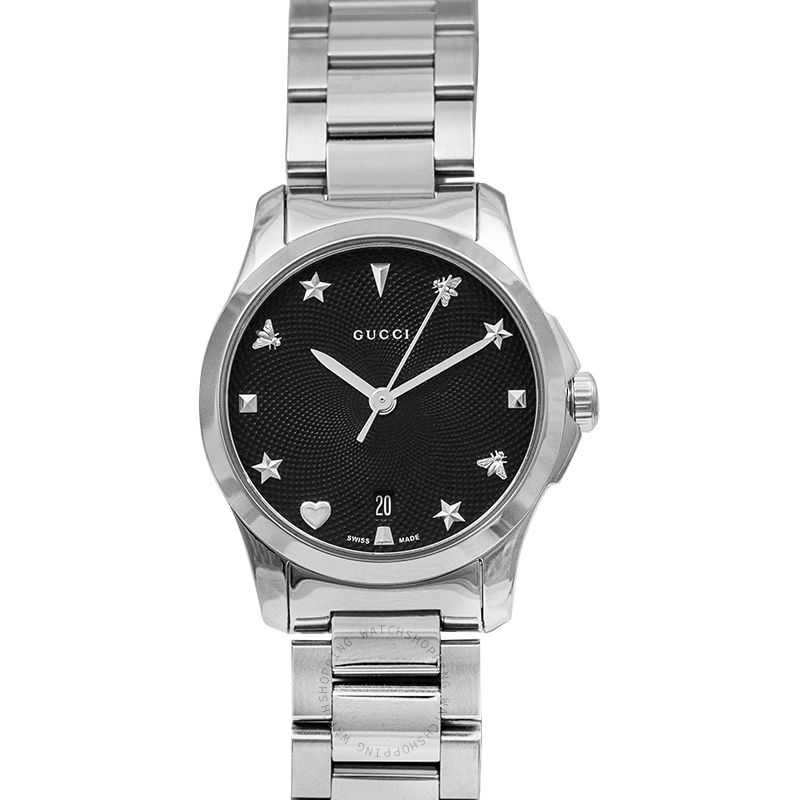 Gucci G Timeless Black Dial Silver Steel Strap Watch For Women - YA126573A