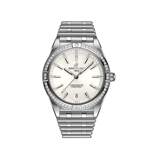 Breitling Chronomat Automatic 36 Diamonds White Dial Silver Steel Strap Watch for Women - A10380591A1A1