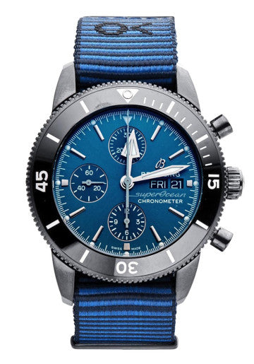 Breitling Superocean Heritage Chronograph 44 Outerknown Blue Dial Blue NATO Strap Watch for Men - M133132A1C1W1