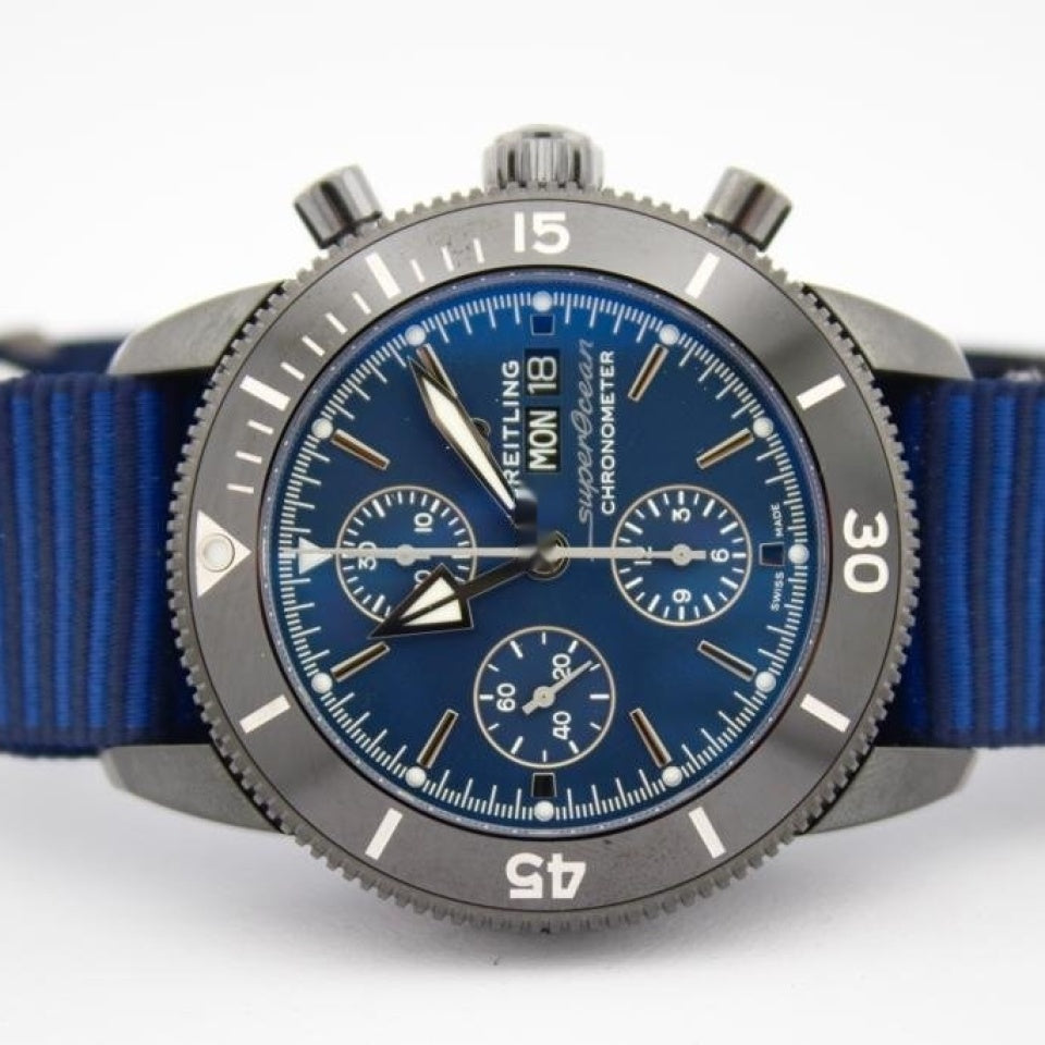 Breitling Superocean Heritage Chronograph 44 Outerknown Blue Dial Blue NATO Strap Watch for Men - M133132A1C1W1