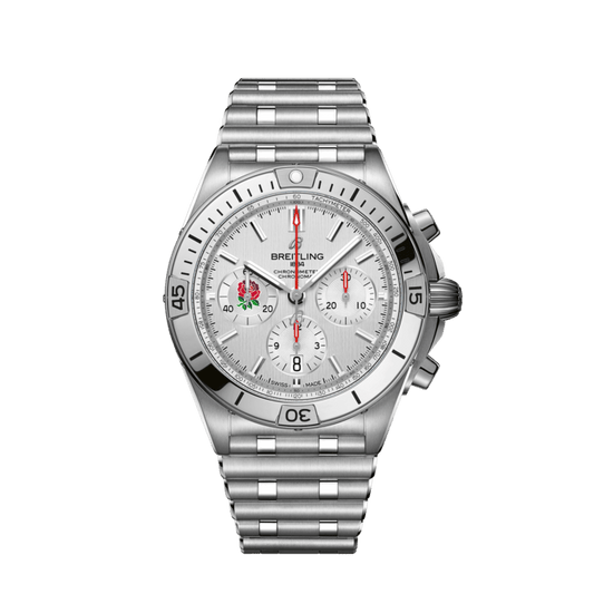 Breitling Chronomat B01 42 Six Nations England White Dial Silver Steel Strap Watch for Men - AB0134A71A1A1