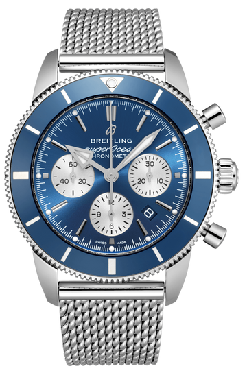 Breitling Superocean Heritage B01 Chronograph 44 Blue Dial Silver Mesh Bracelet Watch for Men - AB0162161C1A1