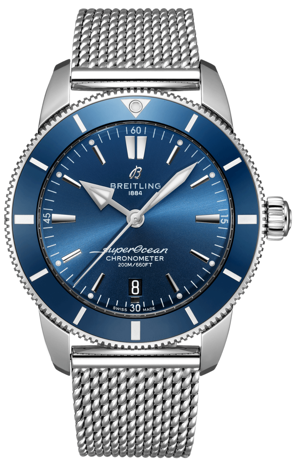 Breitling Superocean Heritage B20 Automatic 44 Blue Dial Silver Mesh Bracelet Watch for Men - AB2030161C1A1