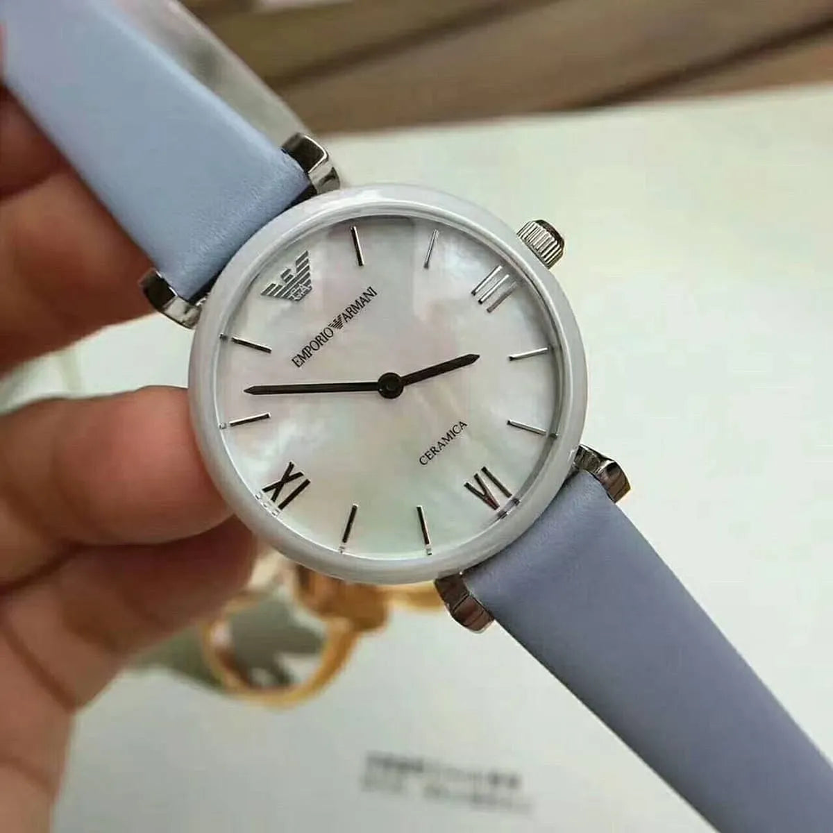 Emporio Armani Gianni T-Bar Mother Of Pearl White Dial Grey Leather Strap Watch For Women - AR11039