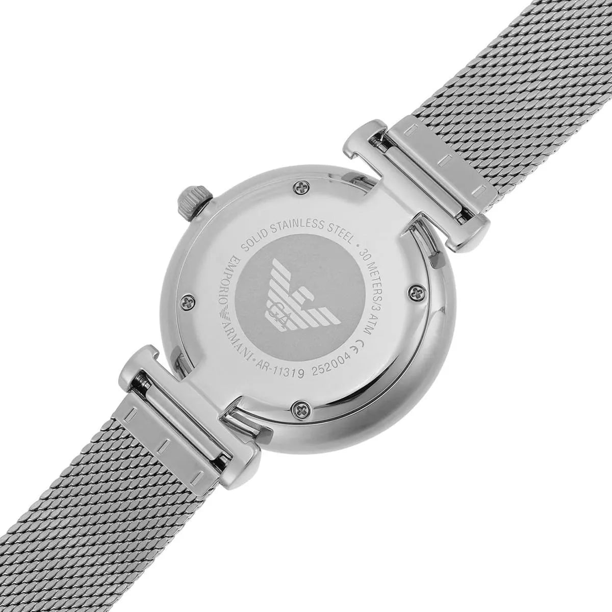 Emporio Armani Gianni T-Bar Quartz Mother of Pearl Dial Silver Mesh Bracelet Watch For Women - AR11319