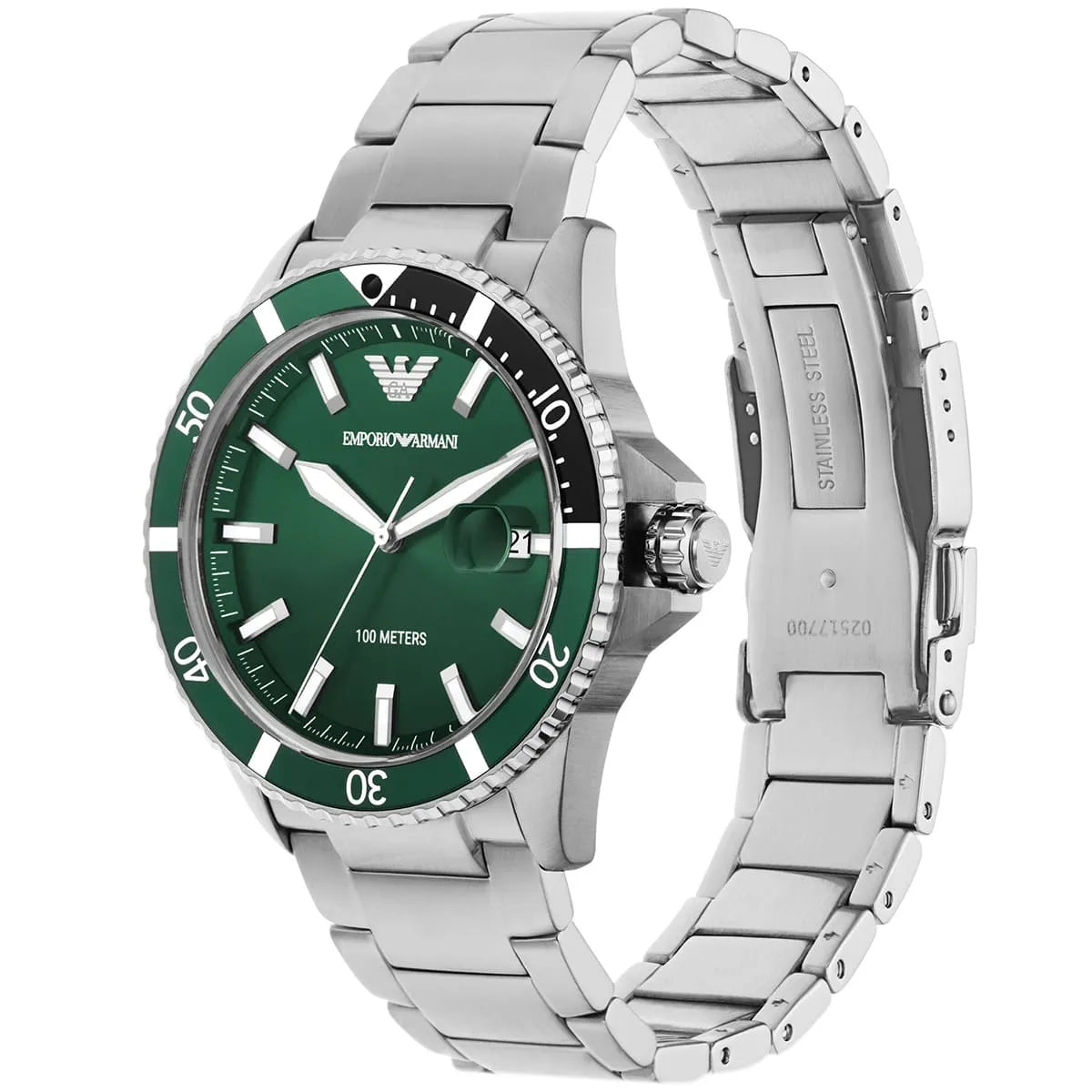 Emporio Armani Three Hand Green Dial Silver Steel Strap Watch For Men - AR11338