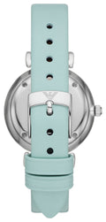 Emporio Armani Gianni T Bar Analog Crystals Silver Dial Blue Leather Strap Watch For Women - AR11443