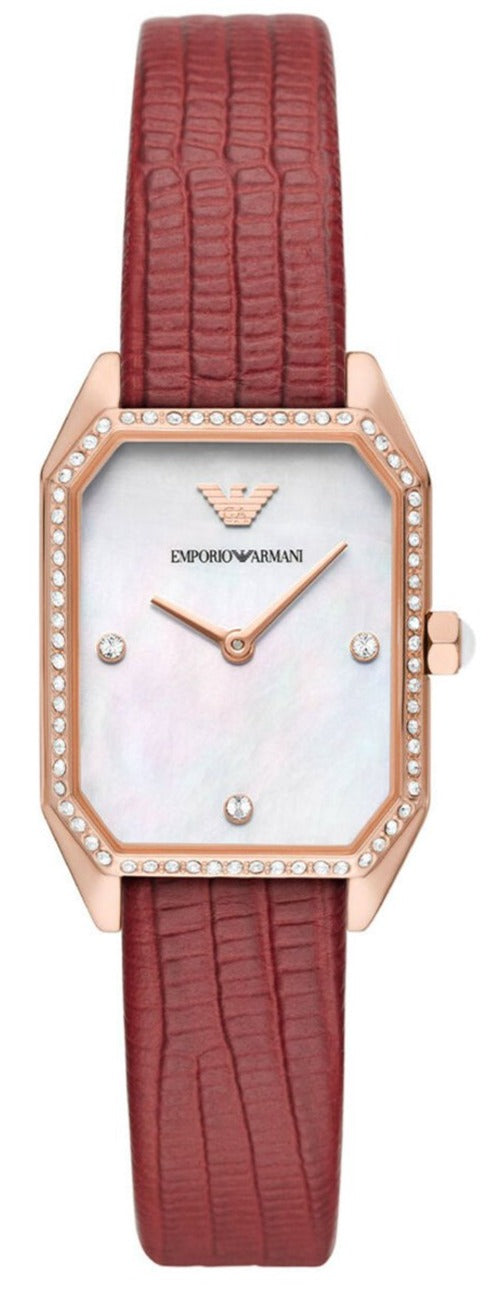 Emporio Armani Gianni T Bar Two-Hand Mother of Pearl Dial Red Leather Strap Watch For Women - AR11467