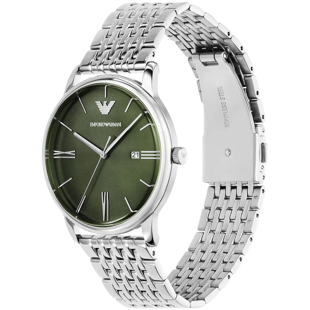 Emporio Armani Minimalist Green Dial Silver Steel Strap Watch for Men - AR11644